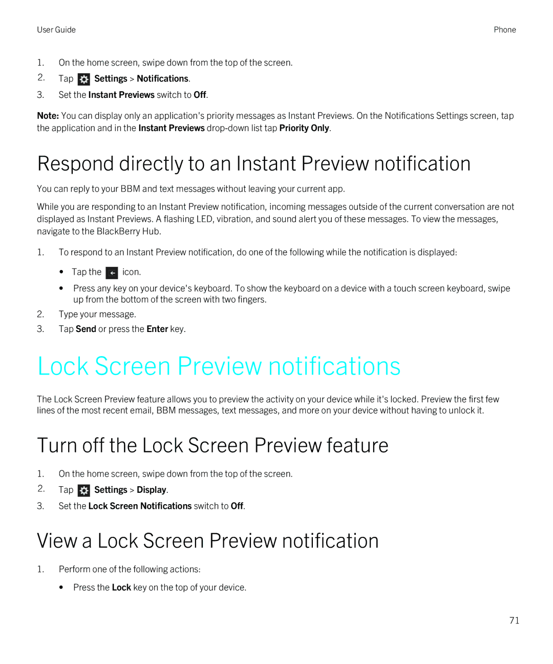 Blackberry Z30 manual Lock Screen Preview notifications, Respond directly to an Instant Preview notification 