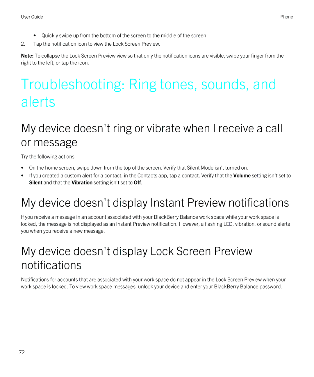 Blackberry Z30 Troubleshooting Ring tones, sounds, and alerts, My device doesnt display Instant Preview notifications 