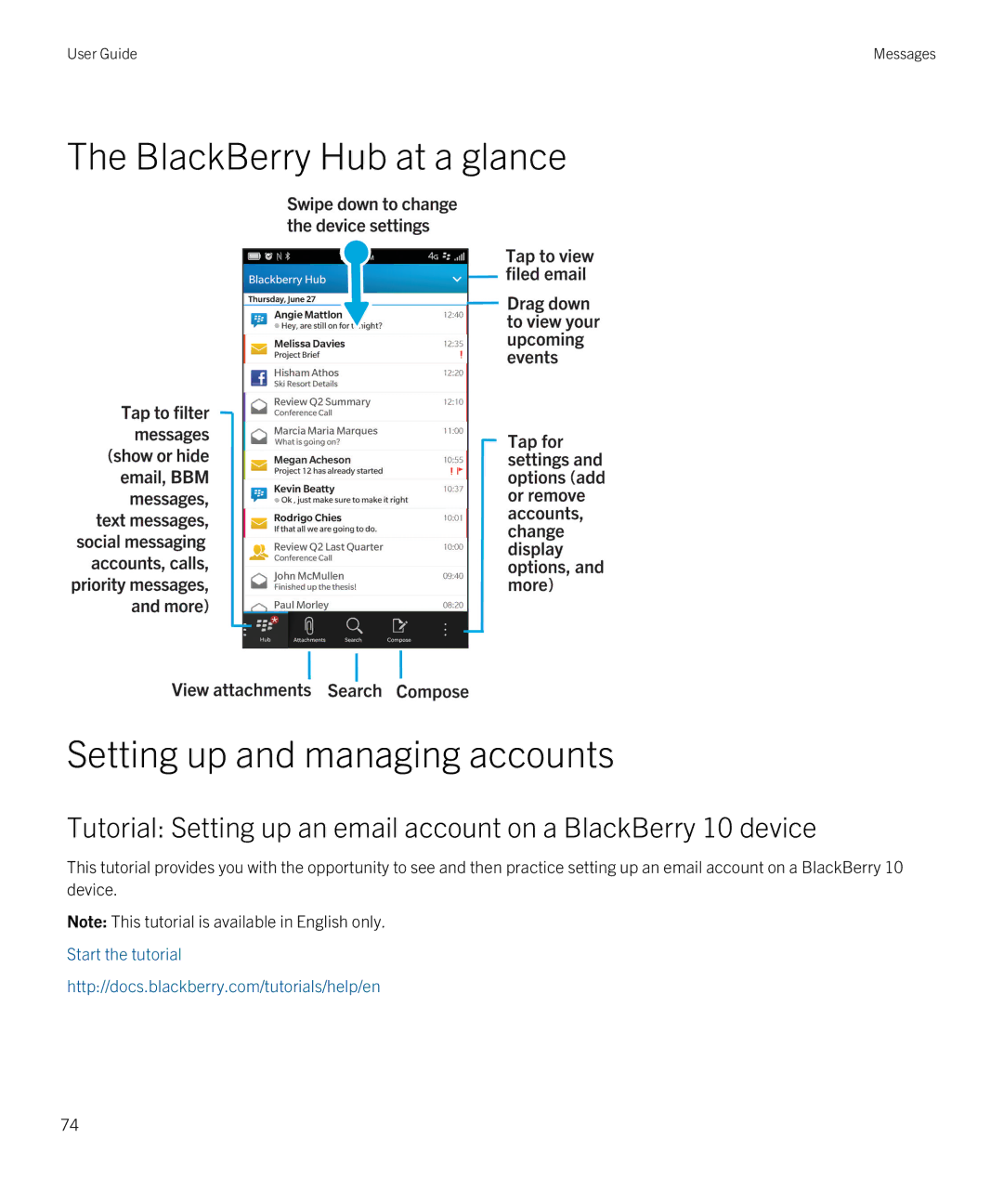 Blackberry Z30 manual BlackBerry Hub at a glance Setting up and managing accounts 