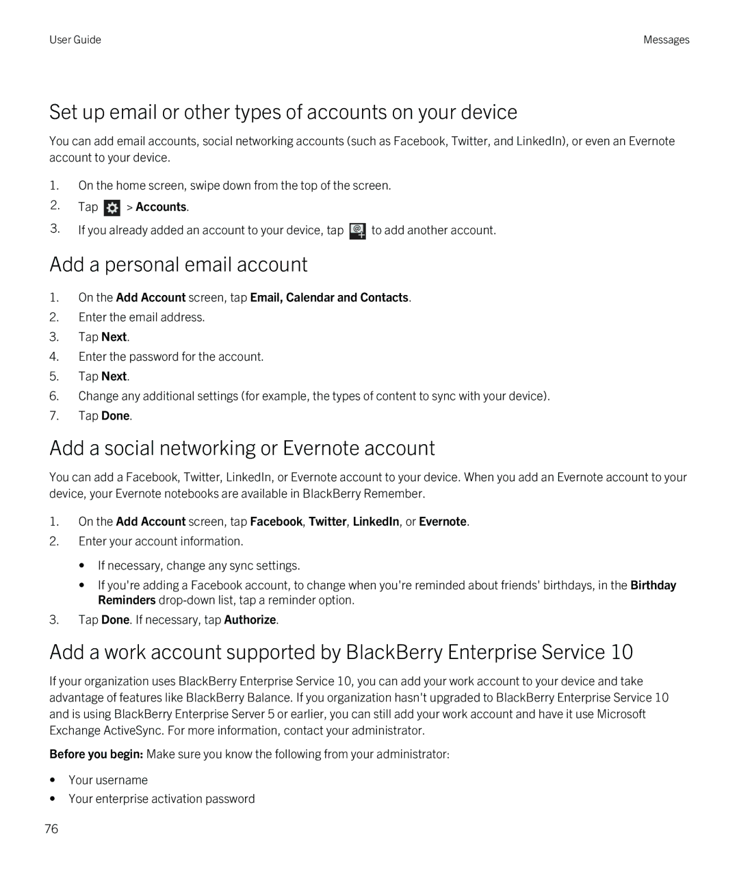 Blackberry Z30 manual Add a personal email account, Add a social networking or Evernote account 