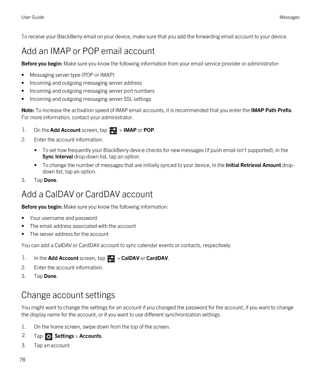 Blackberry Z30 manual Add an Imap or POP email account, Add a CalDAV or CardDAV account, Change account settings 