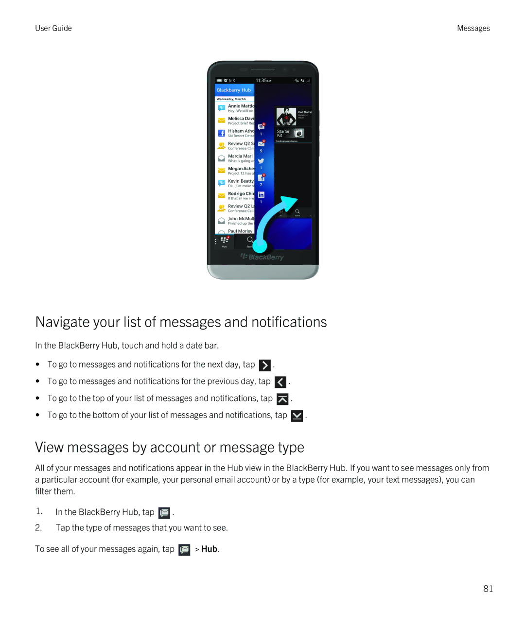 Blackberry Z30 manual Navigate your list of messages and notifications, View messages by account or message type 