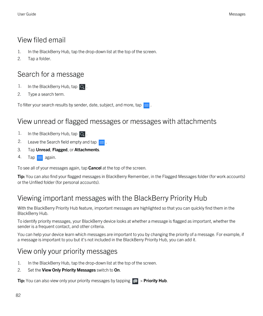 Blackberry Z30 manual View filed email, Search for a message, Viewing important messages with the BlackBerry Priority Hub 