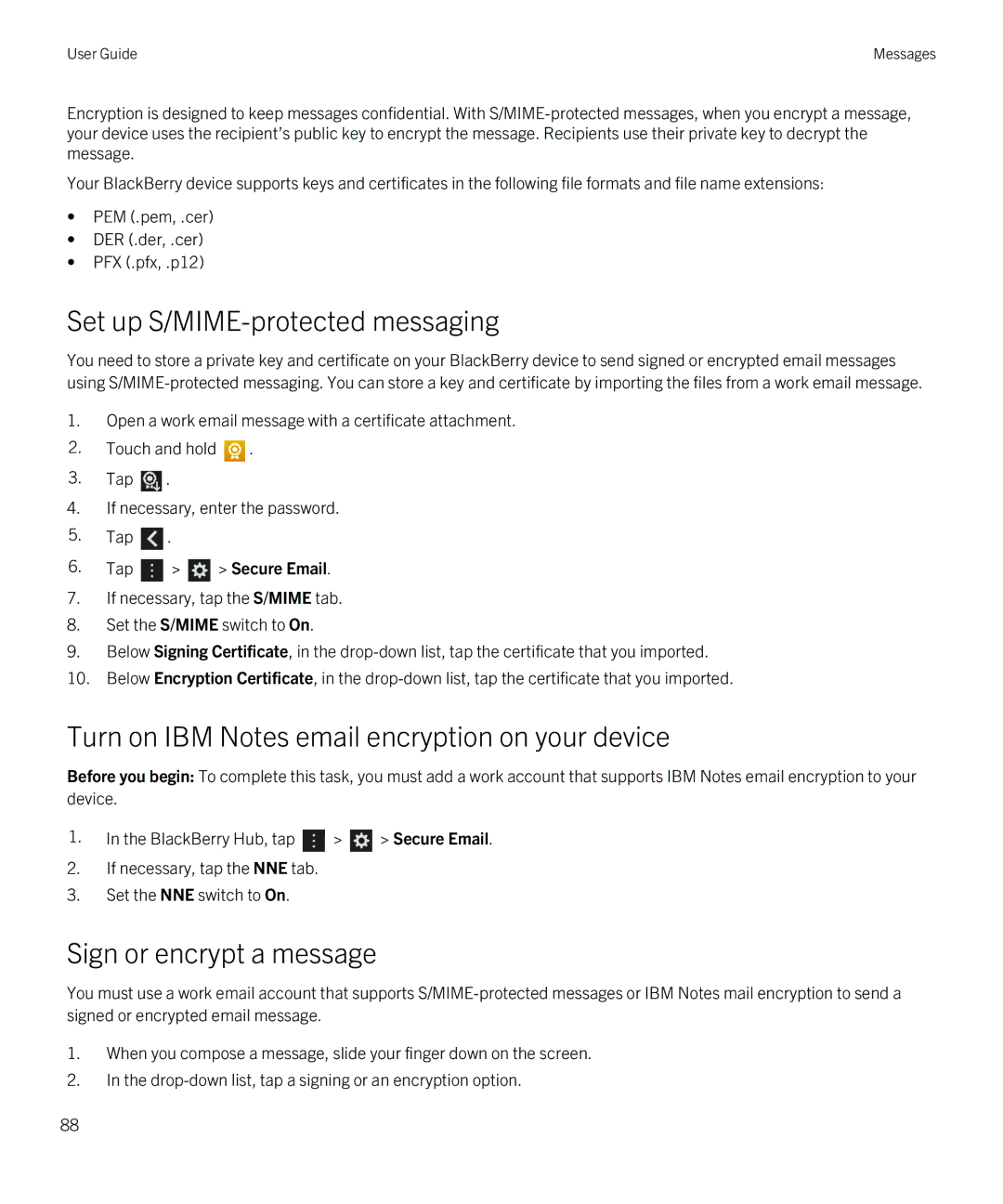 Blackberry Z30 Set up S/MIME-protected messaging, Turn on IBM Notes email encryption on your device, Tap Secure Email 