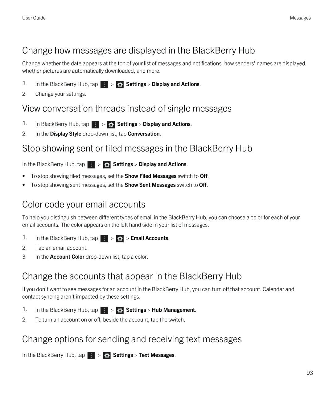 Blackberry Z30 manual Change how messages are displayed in the BlackBerry Hub, Color code your email accounts 