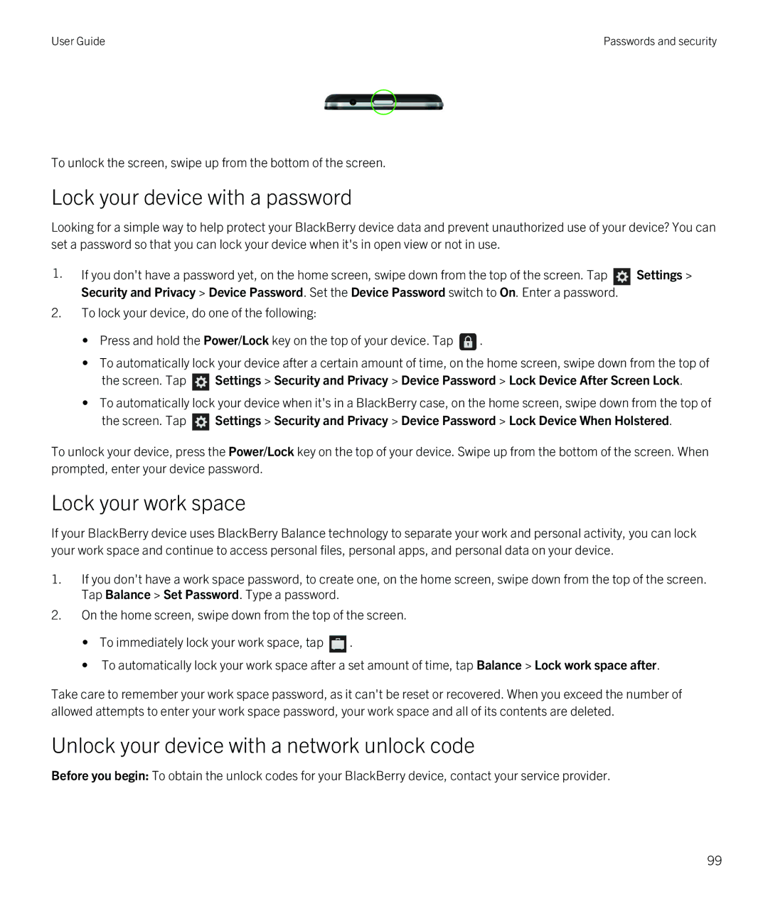 Blackberry Z30 manual Lock your device with a password, Unlock your device with a network unlock code 