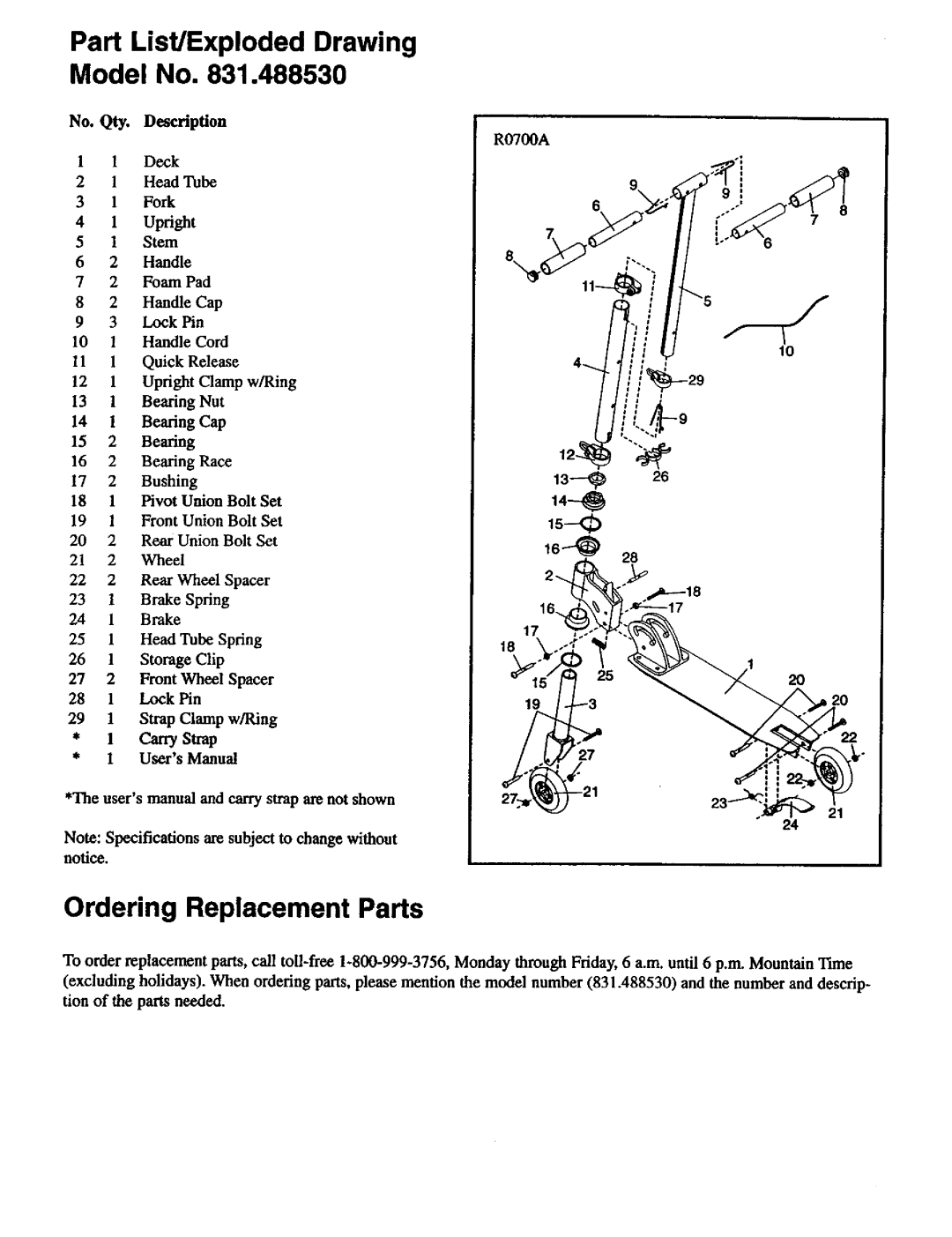 Blade ICE 831.48853 user manual Part List/Exploded Drawing Model No, Ordering Replacement Parts 