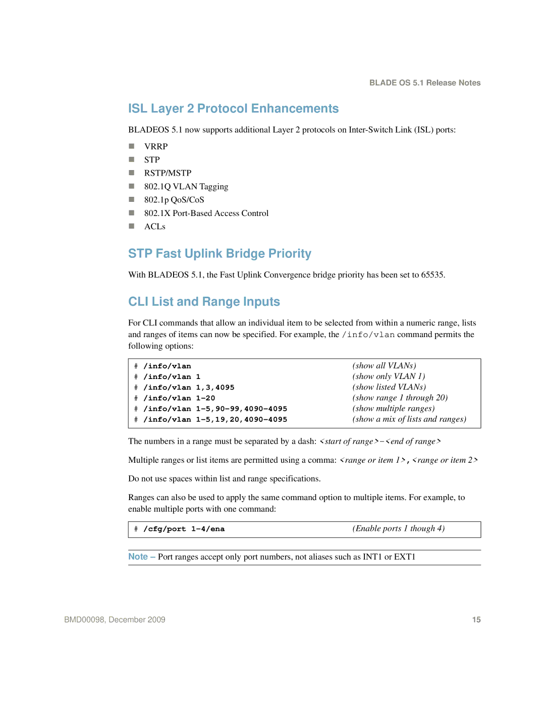 Blade ICE BMD00098 manual ISL Layer 2 Protocol Enhancements, STP Fast Uplink Bridge Priority, CLI List and Range Inputs 