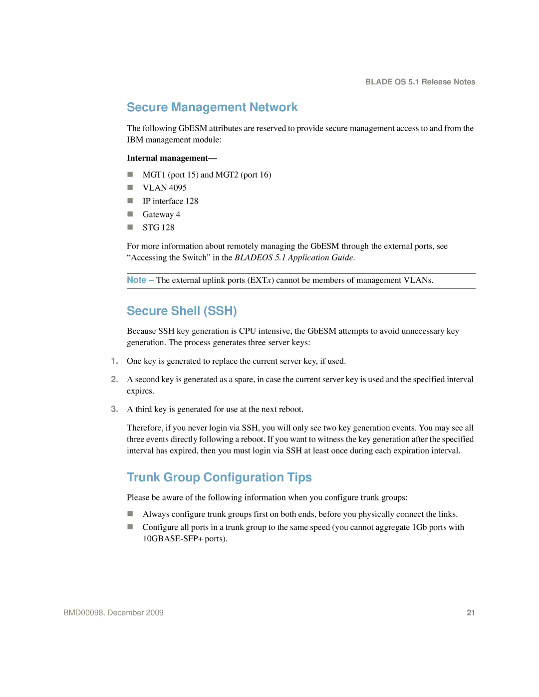 Blade ICE BMD00098 manual Secure Management Network, Secure Shell SSH, Trunk Group Configuration Tips 