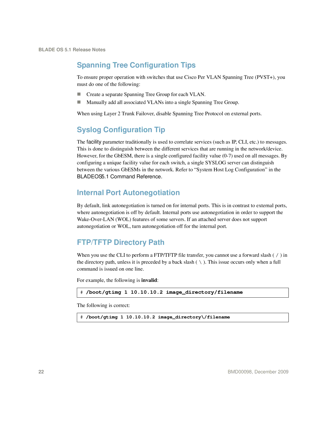 Blade ICE BMD00098 manual Spanning Tree Configuration Tips, Syslog Configuration Tip, Internal Port Autonegotiation 