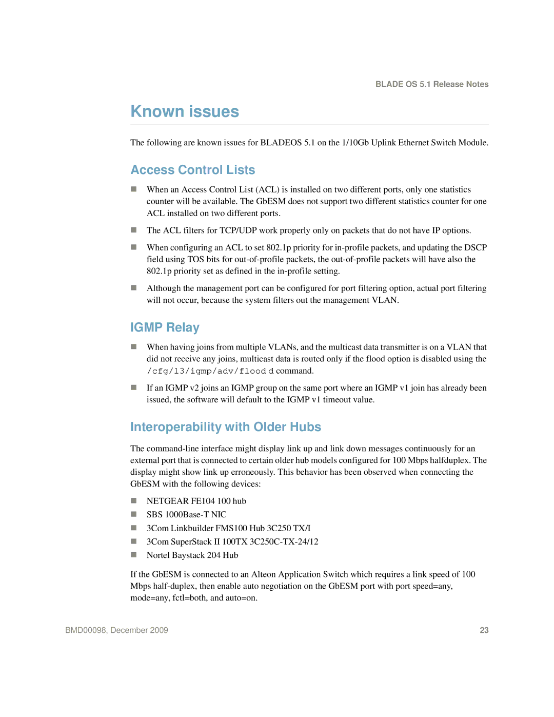 Blade ICE BMD00098 manual Known issues, Access Control Lists, Igmp Relay, Interoperability with Older Hubs 