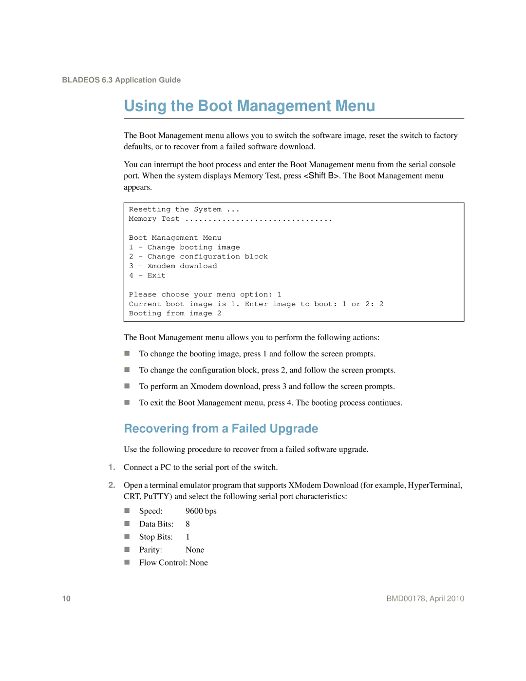 Blade ICE BMD00178 manual Using the Boot Management Menu, Recovering from a Failed Upgrade 