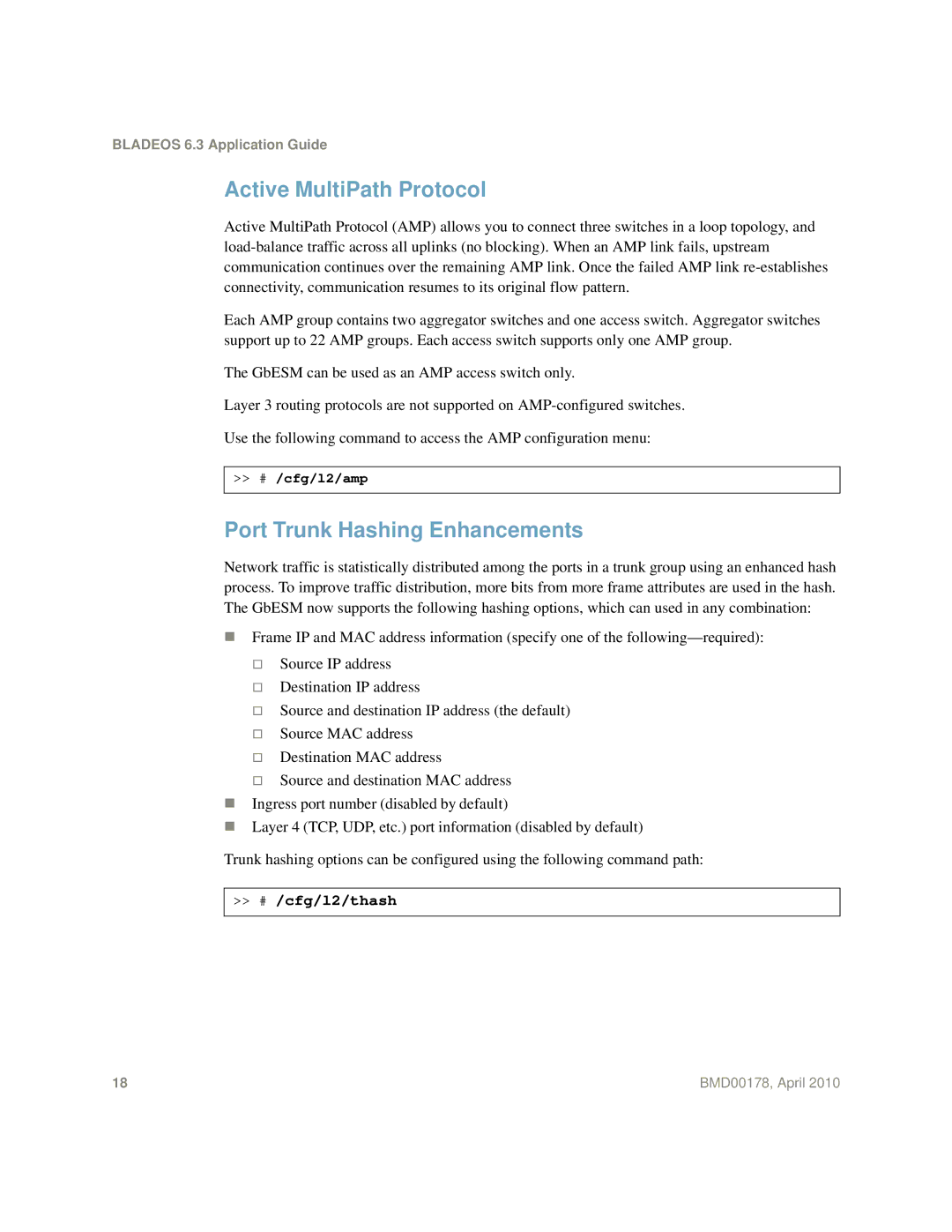 Blade ICE BMD00178 manual Active MultiPath Protocol, Port Trunk Hashing Enhancements 