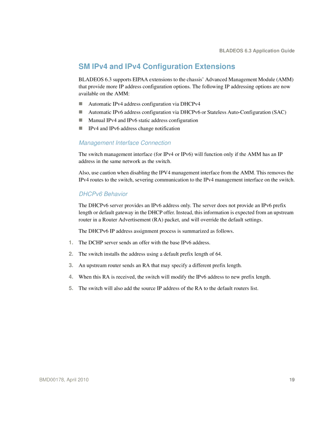 Blade ICE BMD00178 manual SM IPv4 and IPv4 Configuration Extensions, Management Interface Connection 