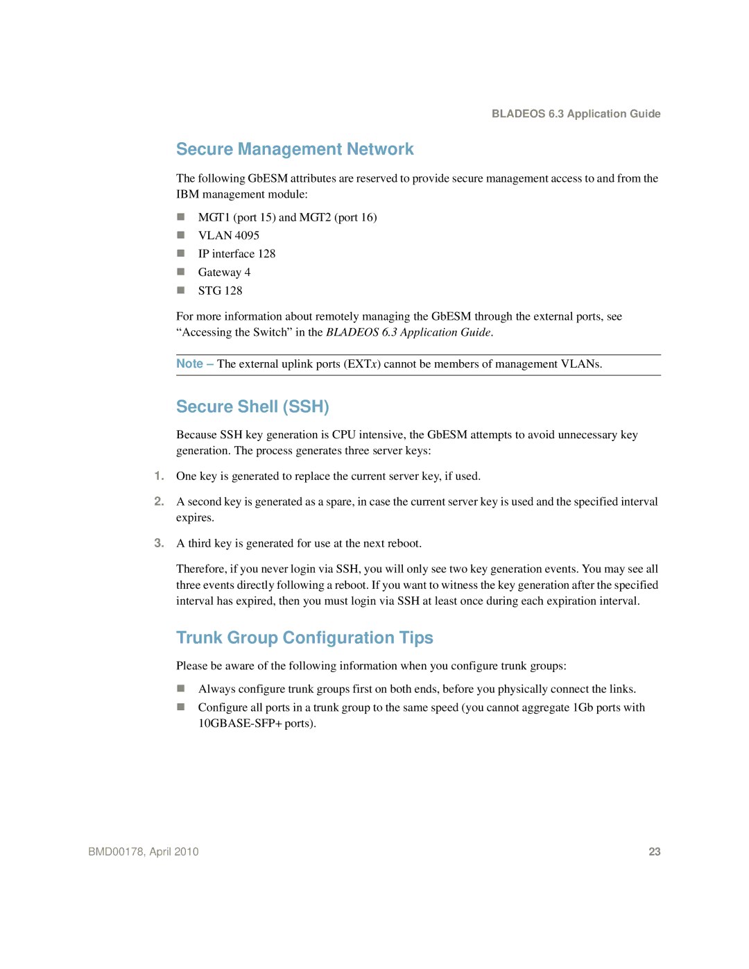 Blade ICE BMD00178 manual Secure Management Network, Secure Shell SSH, Trunk Group Configuration Tips 