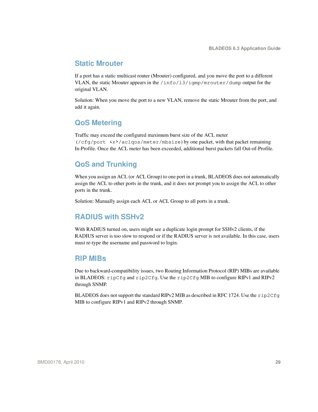Blade ICE BMD00178 manual Static Mrouter, QoS Metering, QoS and Trunking, Radius with SSHv2, RIP MIBs 