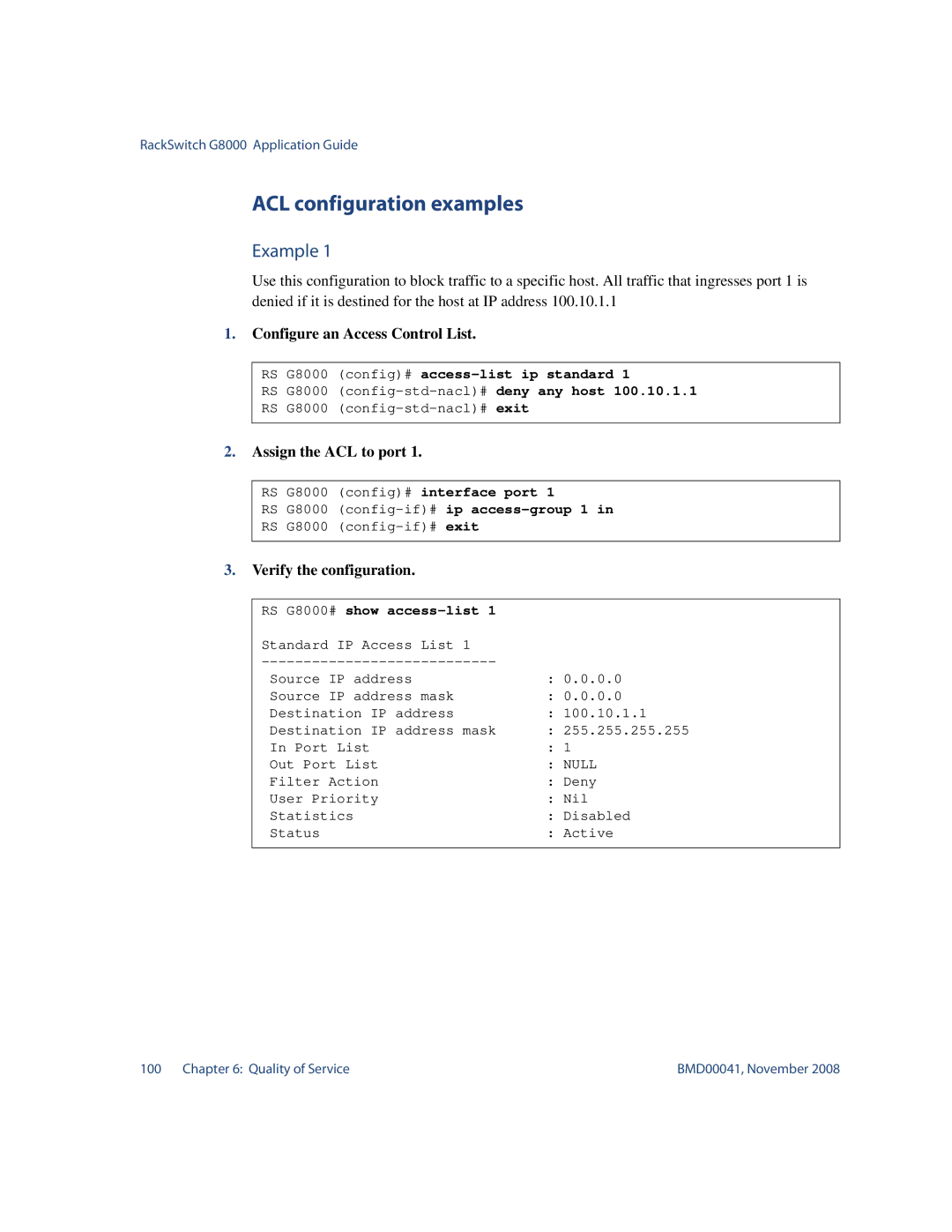 Blade ICE G8000 manual ACL configuration examples, Example, Configure an Access Control List, Assign the ACL to port 