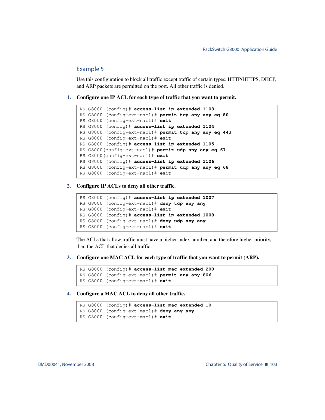 Blade ICE G8000 manual Configure IP ACLs to deny all other traffic, Configure a MAC ACL to deny all other traffic 