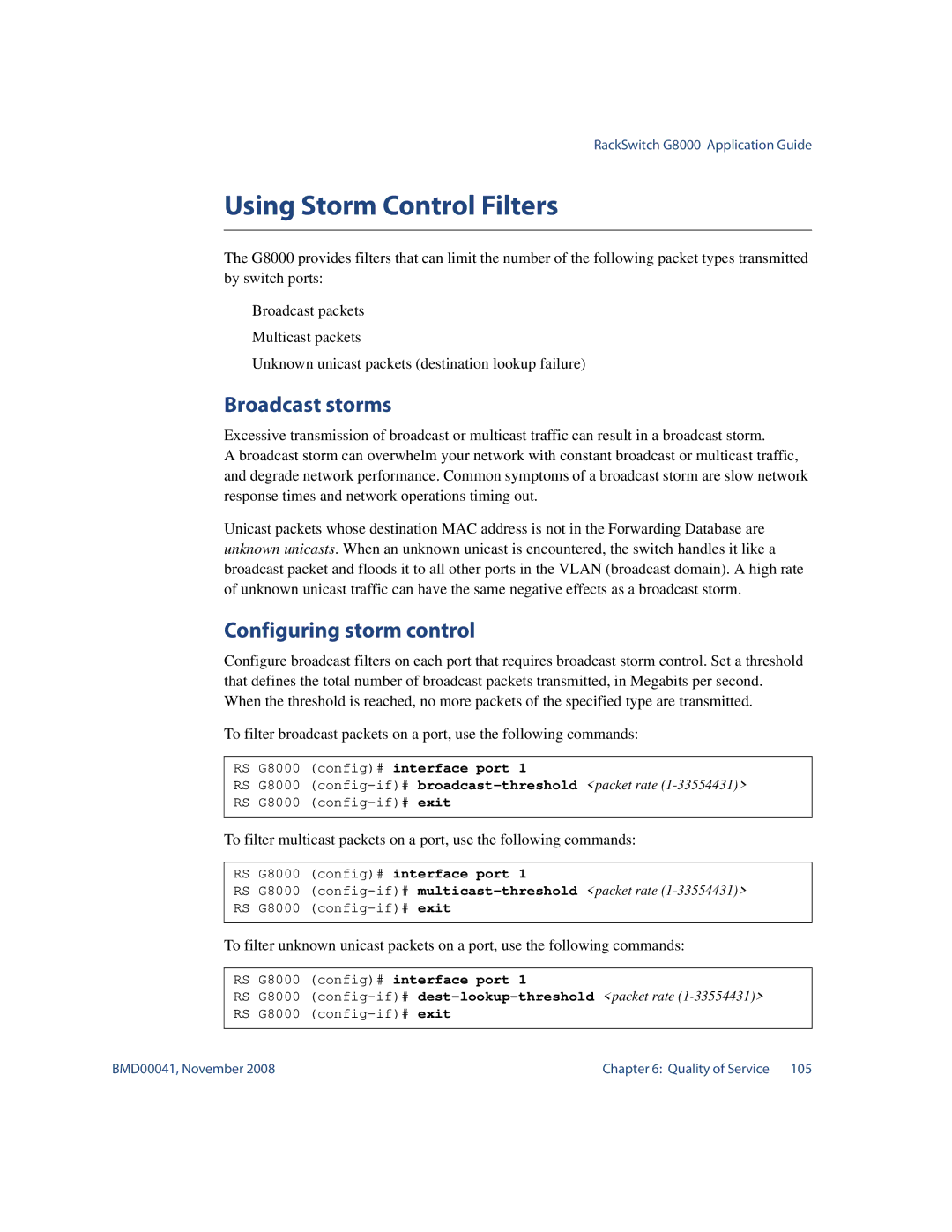 Blade ICE G8000 manual Using Storm Control Filters, Broadcast storms, Configuring storm control 