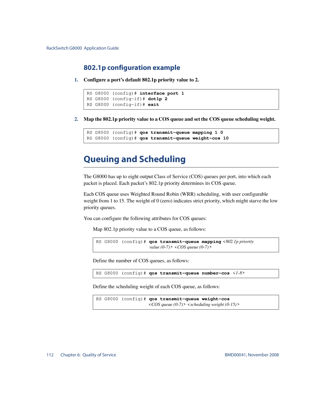 Blade ICE G8000 Queuing and Scheduling, 802.1p configuration example, Configure a port’s default 802.1p priority value to 