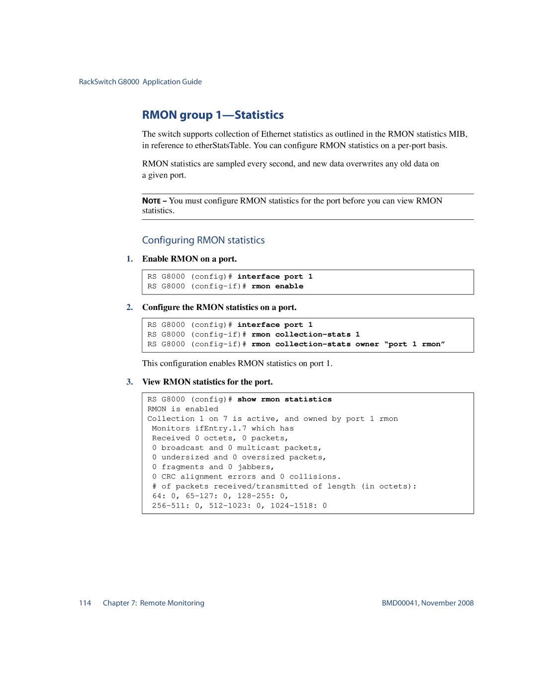 Blade ICE G8000 manual Rmon group 1-Statistics, Configuring Rmon statistics, Enable Rmon on a port 