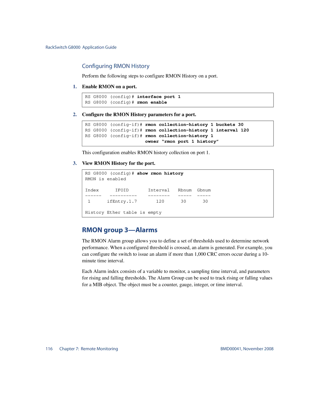 Blade ICE G8000 manual Rmon group 3-Alarms, Configuring Rmon History, Configure the Rmon History parameters for a port 