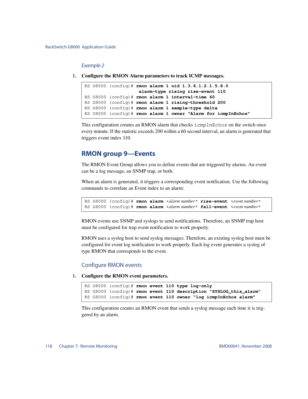 Blade ICE G8000 Rmon group 9-Events, Configure Rmon events, Configure the Rmon Alarm parameters to track Icmp messages 