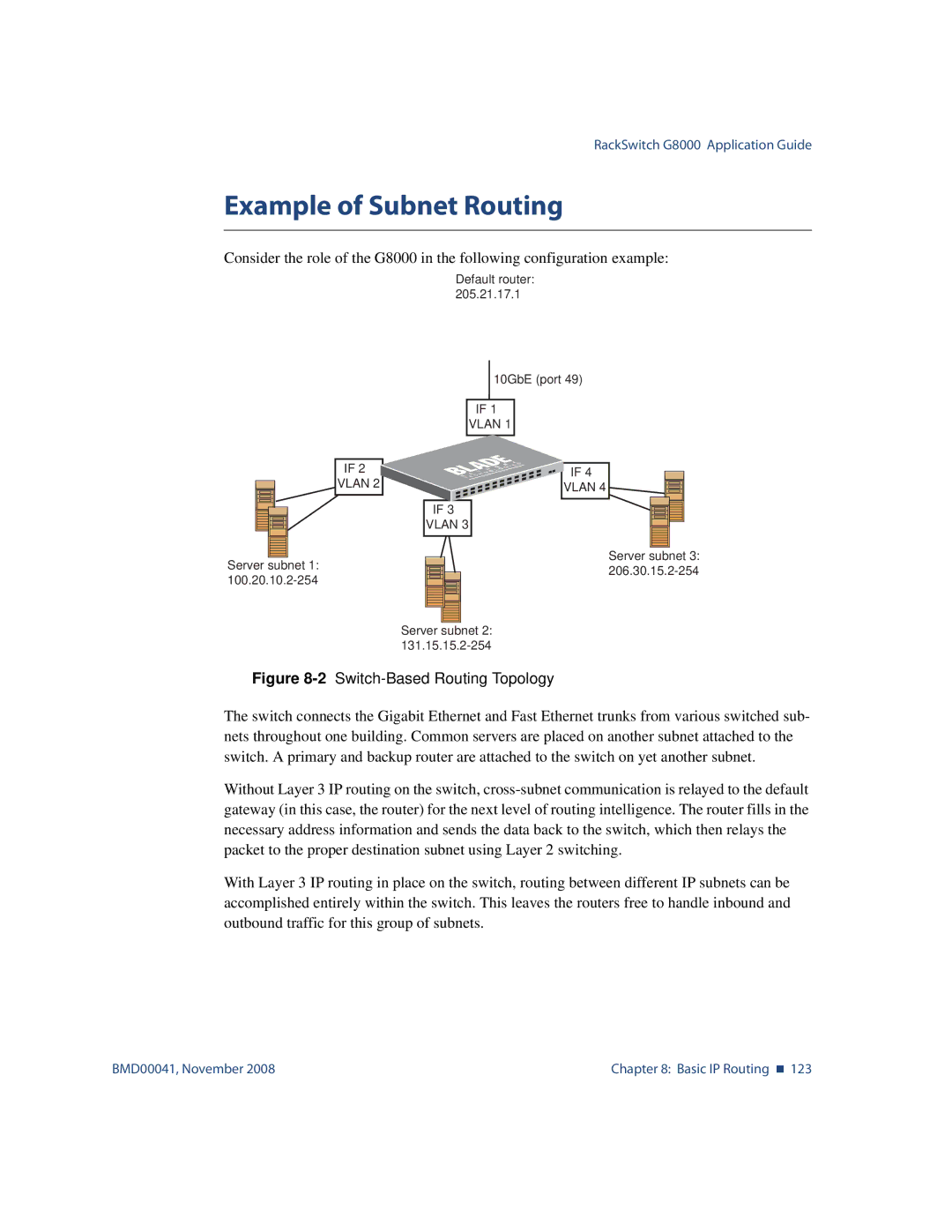 Blade ICE G8000 manual Example of Subnet Routing, 2Switch-Based Routing Topology 