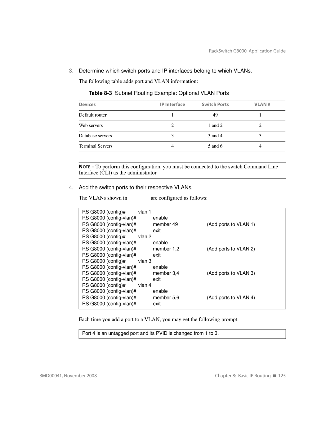 Blade ICE G8000 manual 3Subnet Routing Example Optional Vlan Ports, Add the switch ports to their respective VLANs 