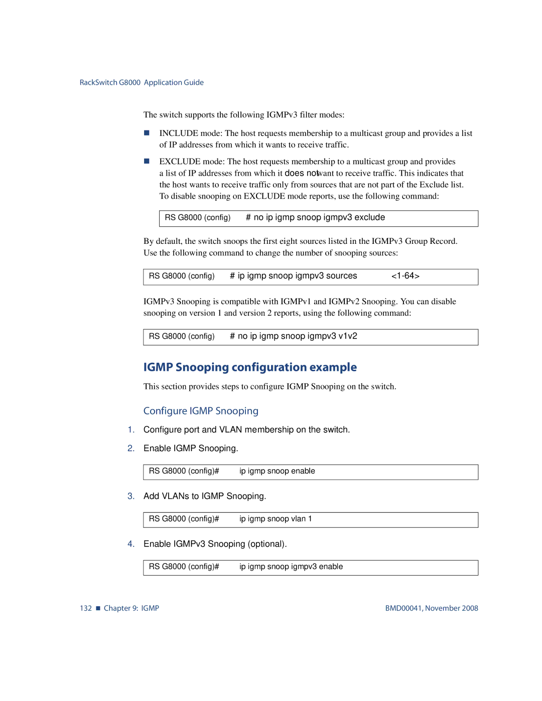 Blade ICE G8000 manual Igmp Snooping configuration example, Configure Igmp Snooping, Add VLANs to Igmp Snooping 