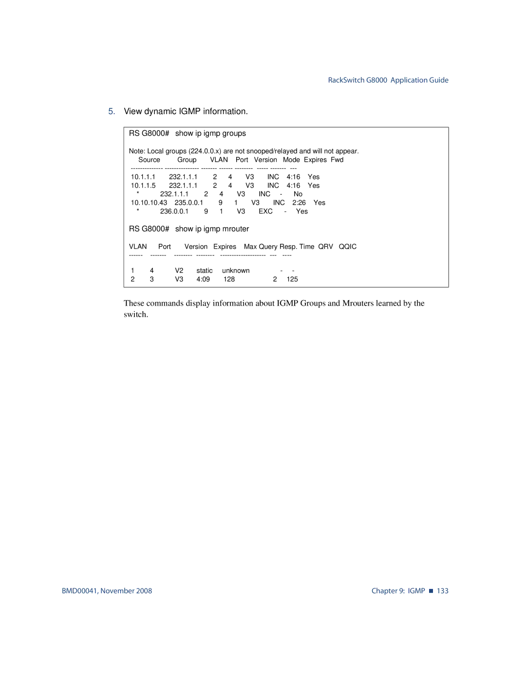 Blade ICE manual View dynamic Igmp information, RS G8000# show ip igmp groups 