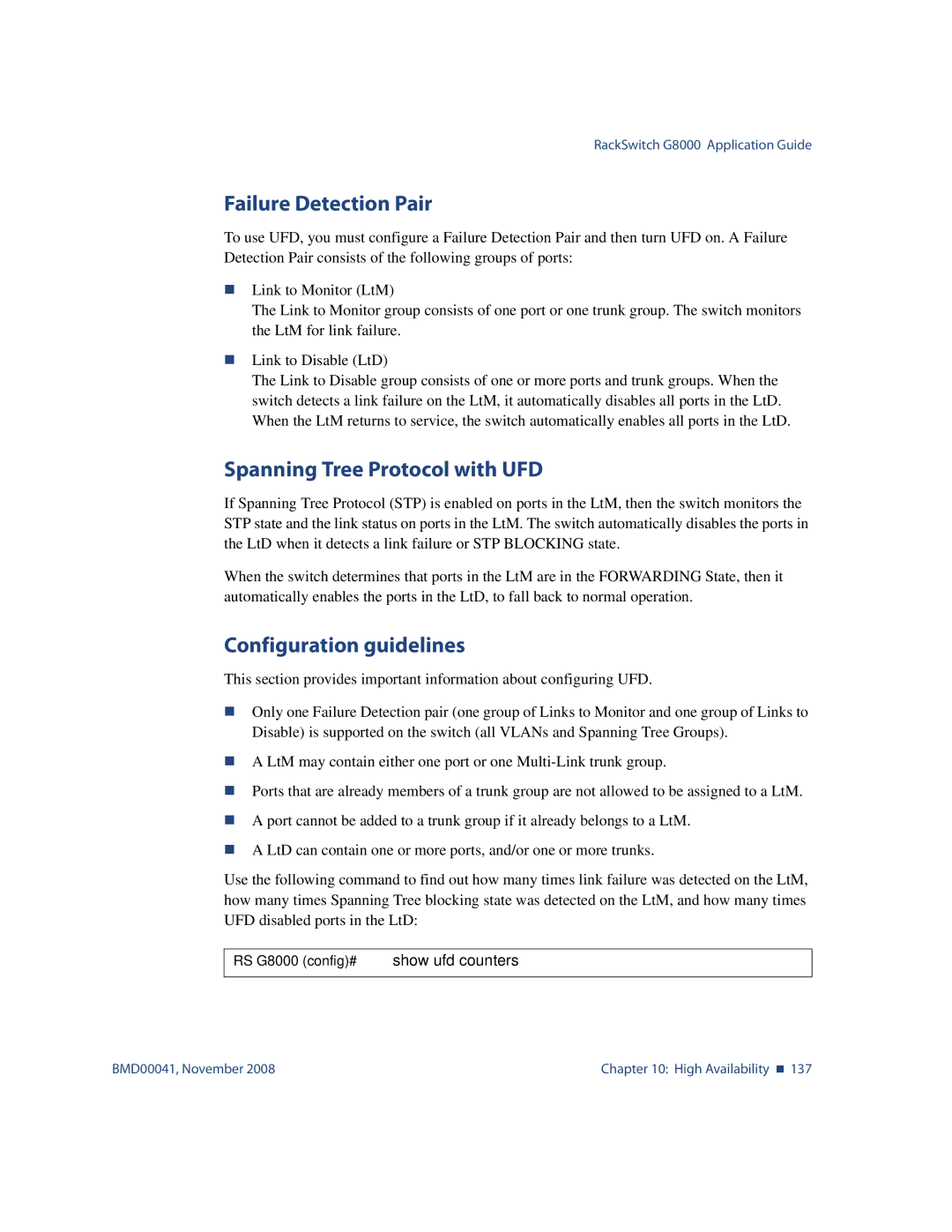 Blade ICE G8000 manual Failure Detection Pair, Spanning Tree Protocol with UFD Configuration guidelines 