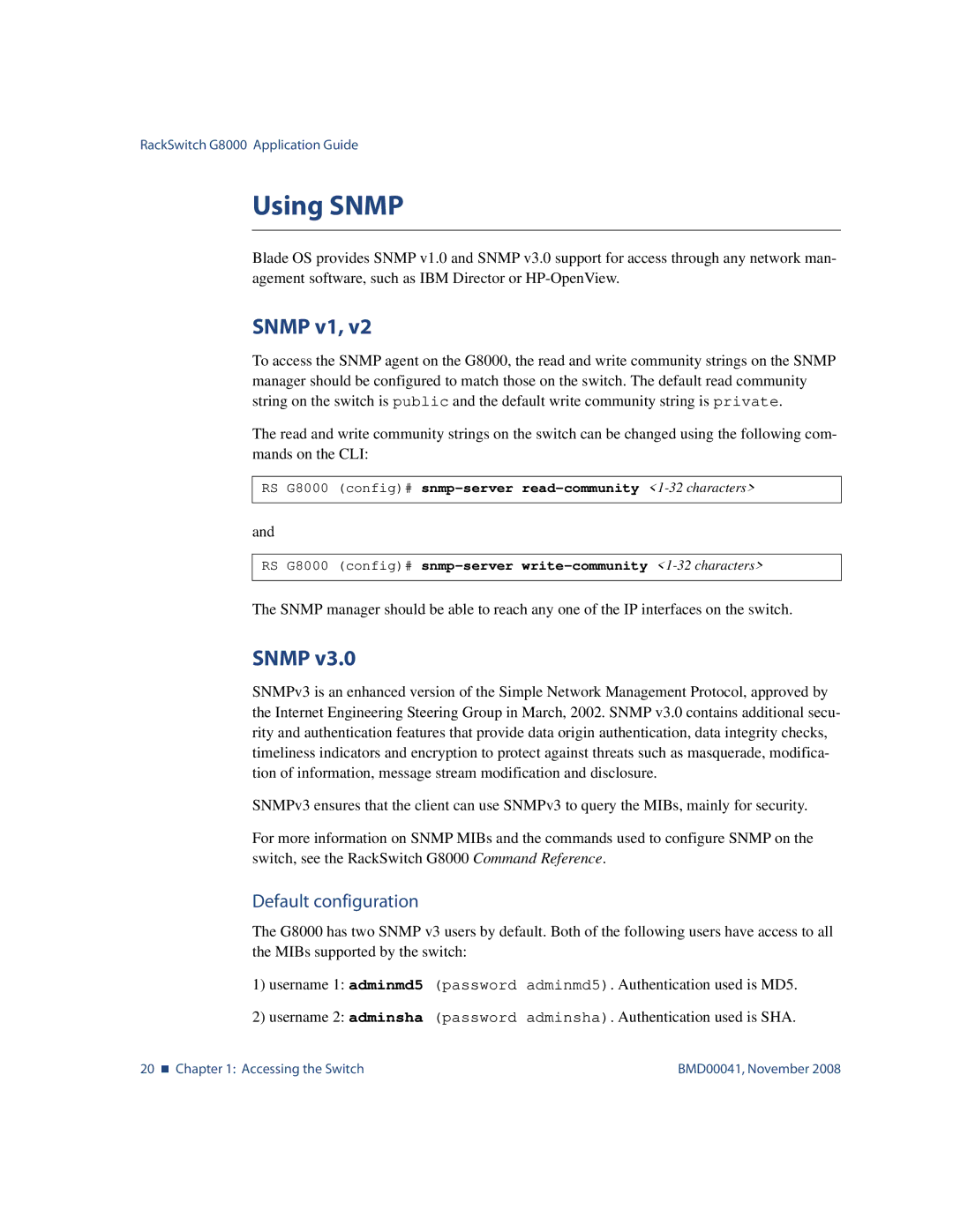 Blade ICE G8000 manual Using Snmp, Snmp v1, Default configuration 