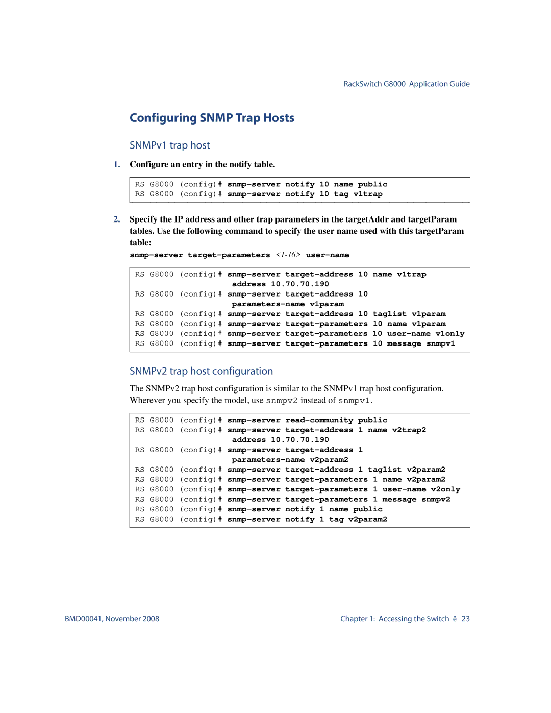 Blade ICE G8000 manual Configuring Snmp Trap Hosts, SNMPv1 trap host, SNMPv2 trap host configuration 