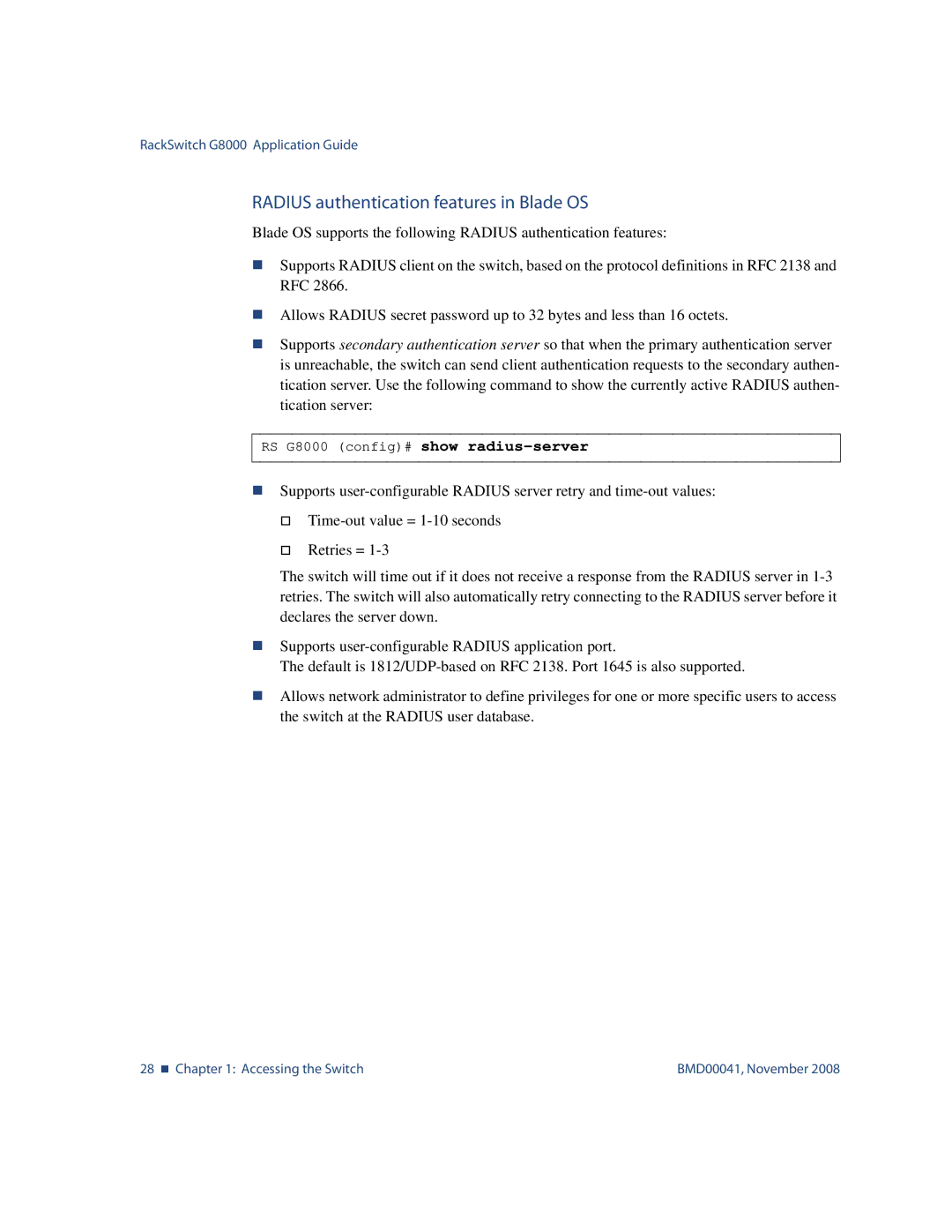 Blade ICE G8000 manual Radius authentication features in Blade OS 