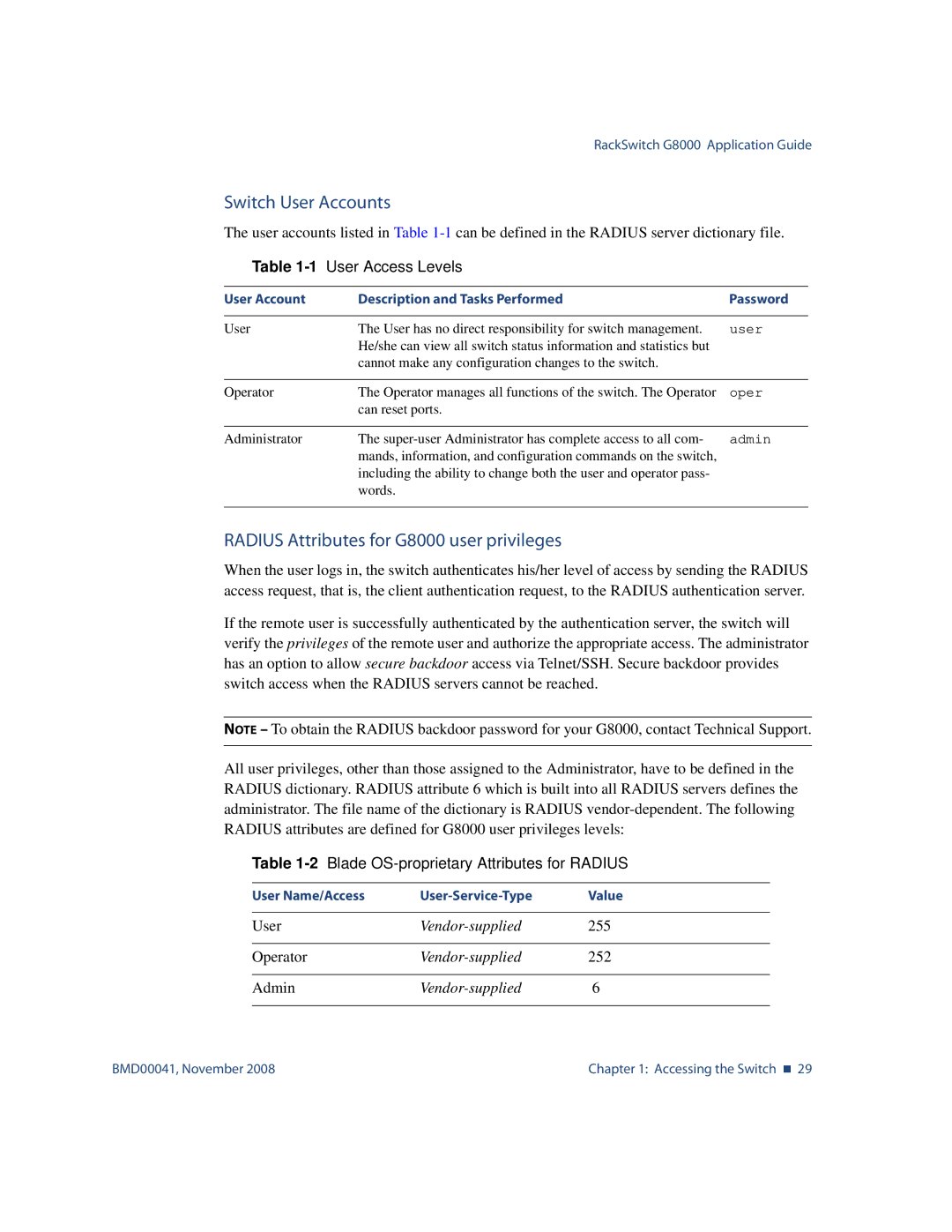 Blade ICE manual Switch User Accounts, Radius Attributes for G8000 user privileges 