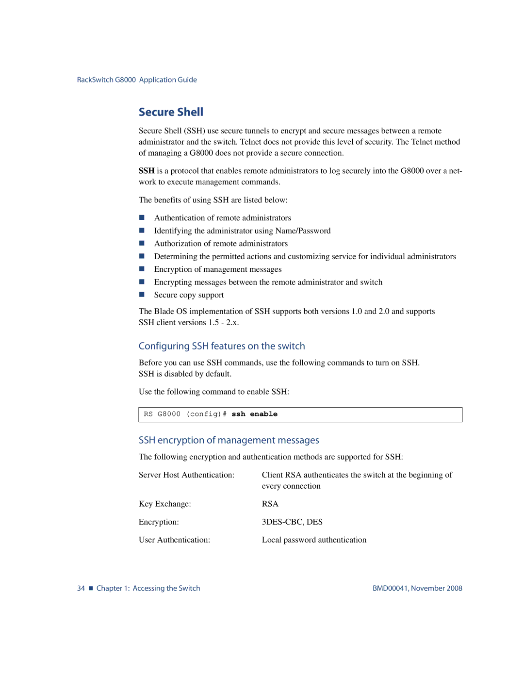 Blade ICE G8000 manual Secure Shell, Configuring SSH features on the switch, SSH encryption of management messages 