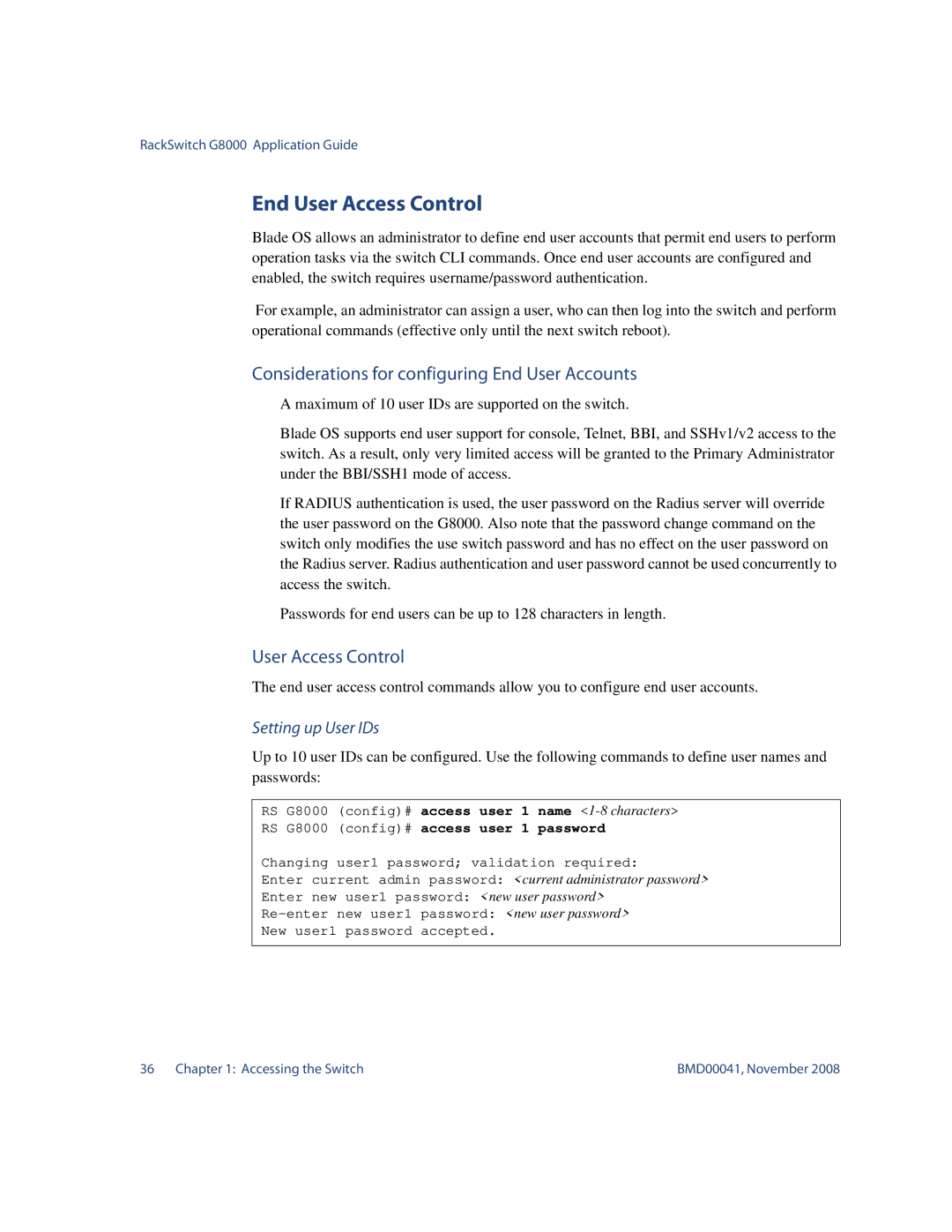 Blade ICE G8000 manual End User Access Control, Considerations for configuring End User Accounts 