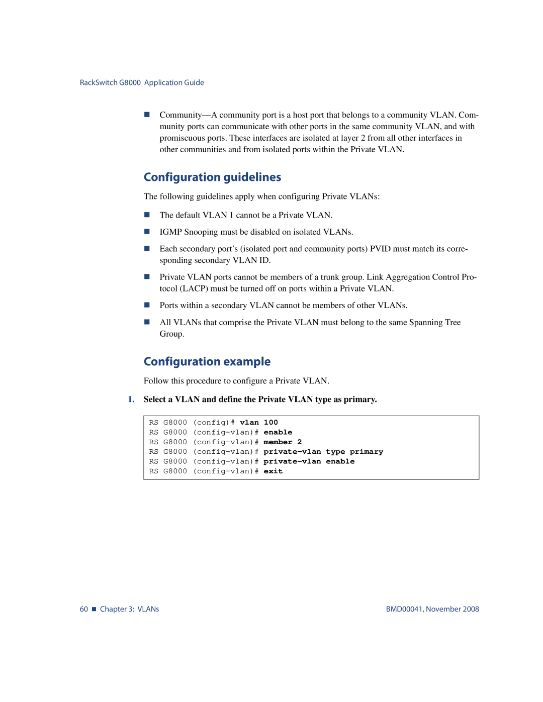 Blade ICE G8000 manual Configuration example, Select a Vlan and define the Private Vlan type as primary 