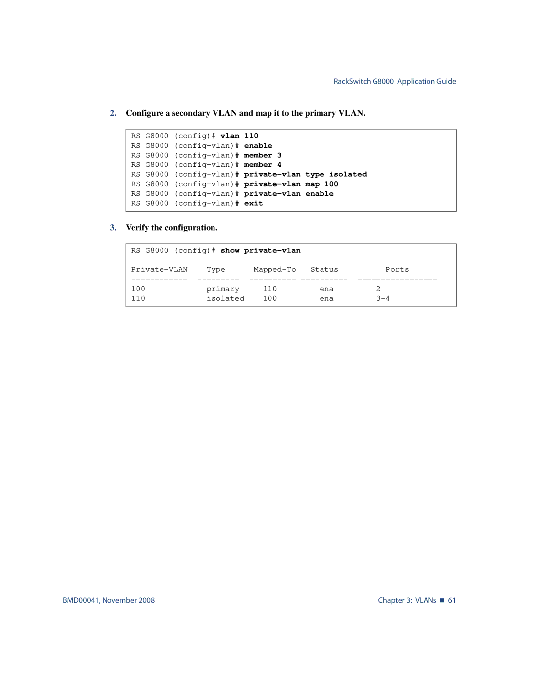 Blade ICE G8000 manual Configure a secondary Vlan and map it to the primary Vlan, Verify the configuration 