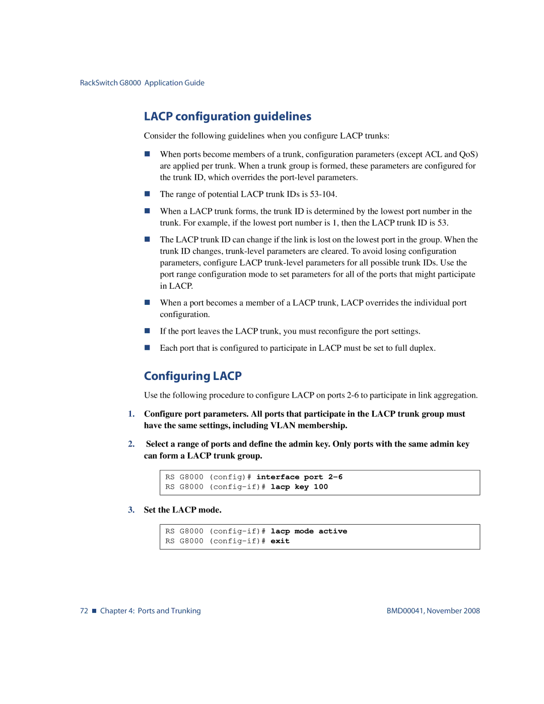 Blade ICE G8000 manual Lacp configuration guidelines, Configuring Lacp, Set the Lacp mode 