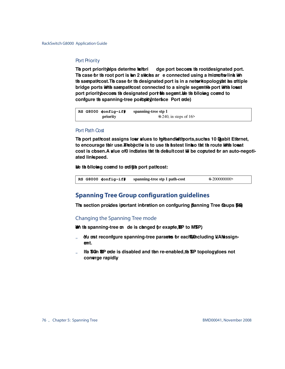 Blade ICE G8000 manual Spanning Tree Group configuration guidelines, Changing the Spanning Tree mode 