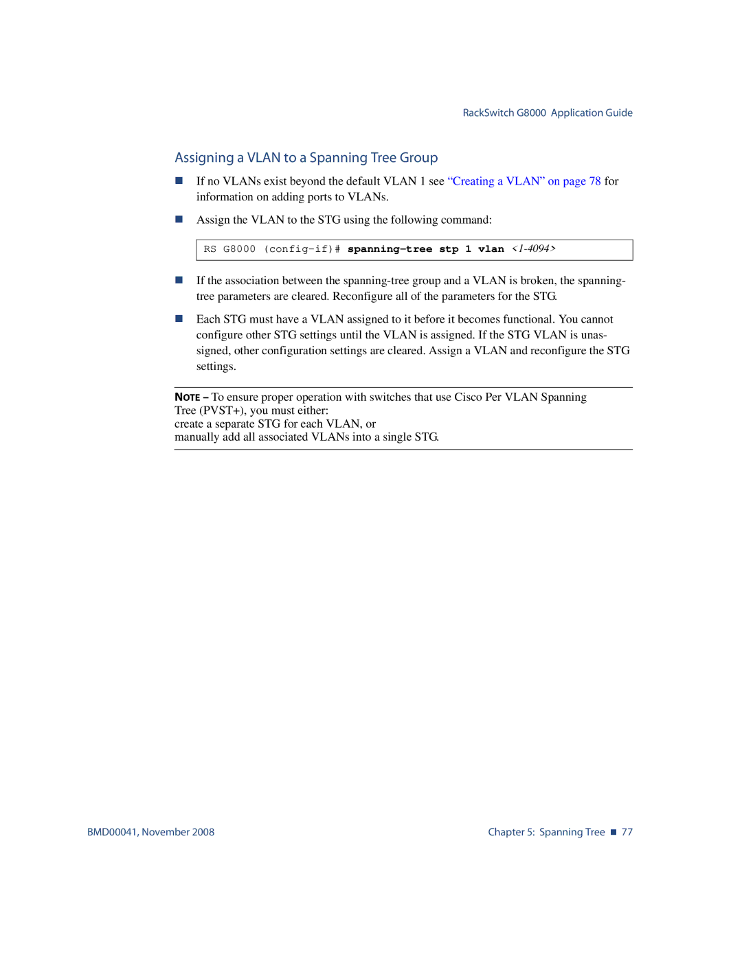 Blade ICE G8000 manual Assigning a Vlan to a Spanning Tree Group 