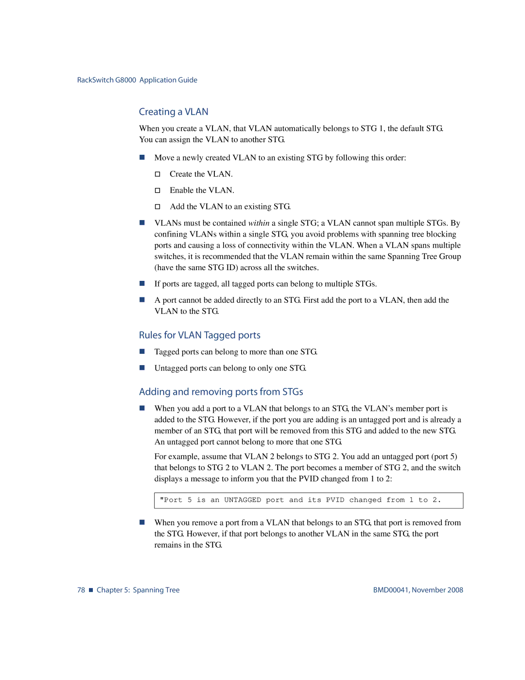 Blade ICE G8000 manual Creating a Vlan, Rules for Vlan Tagged ports, Adding and removing ports from STGs 