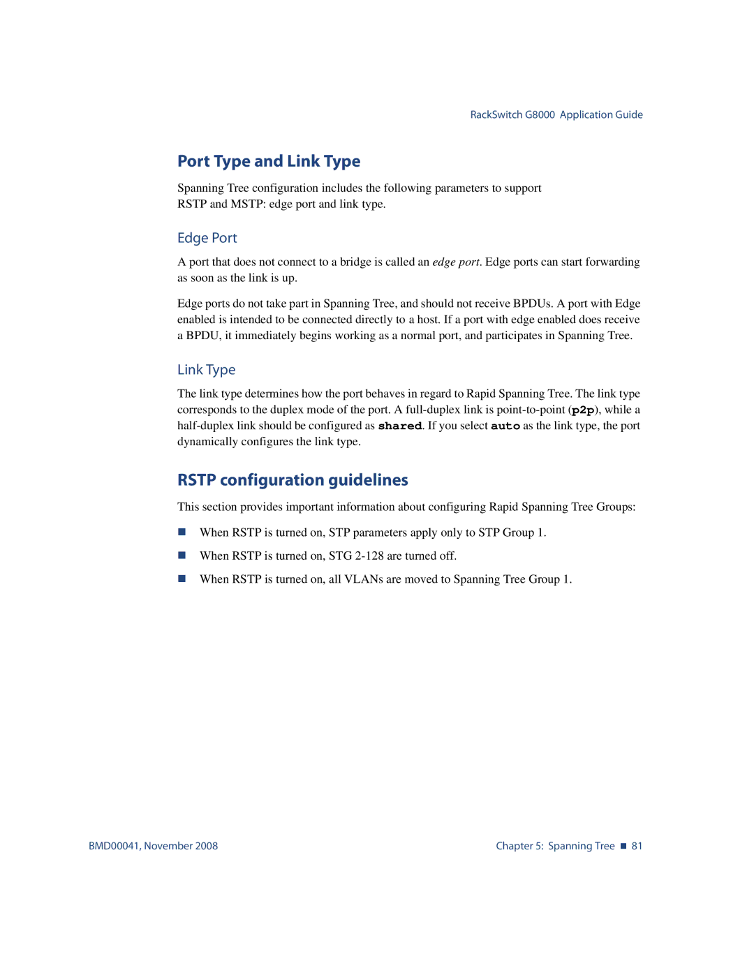 Blade ICE G8000 manual Port Type and Link Type, Rstp configuration guidelines, Edge Port 