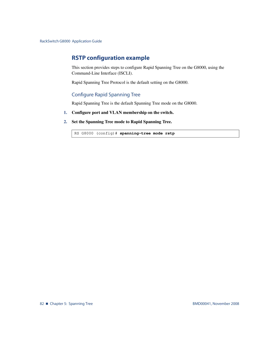 Blade ICE G8000 manual Rstp configuration example, Configure Rapid Spanning Tree 