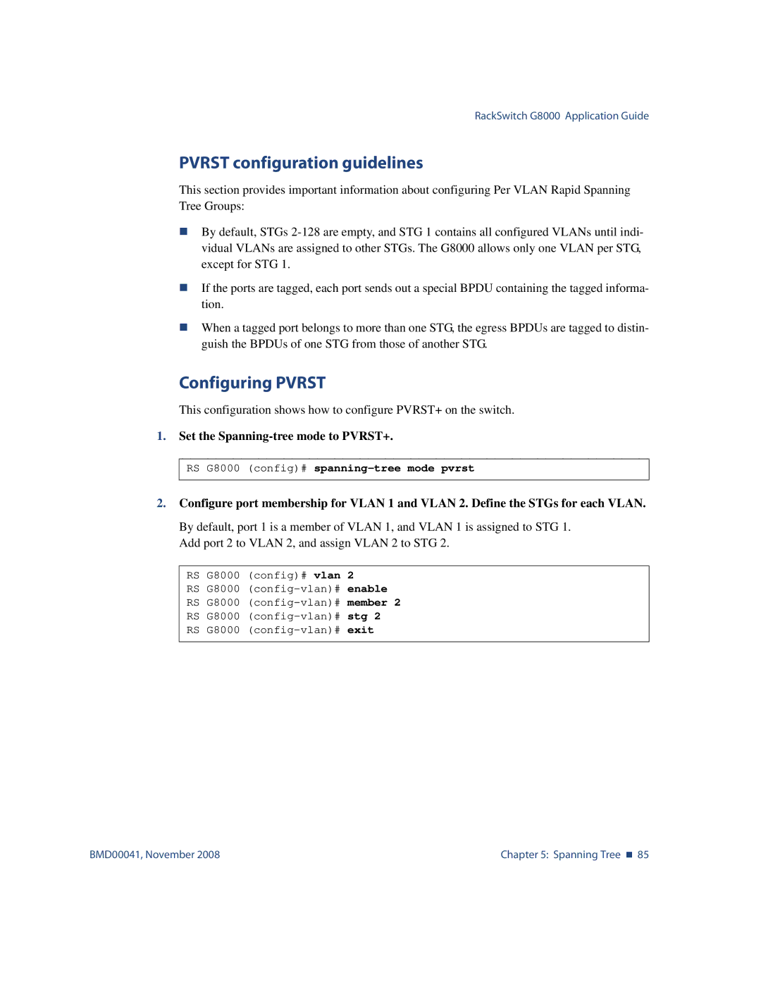 Blade ICE G8000 manual Pvrst configuration guidelines, Configuring Pvrst, Set the Spanning-tree mode to PVRST+ 