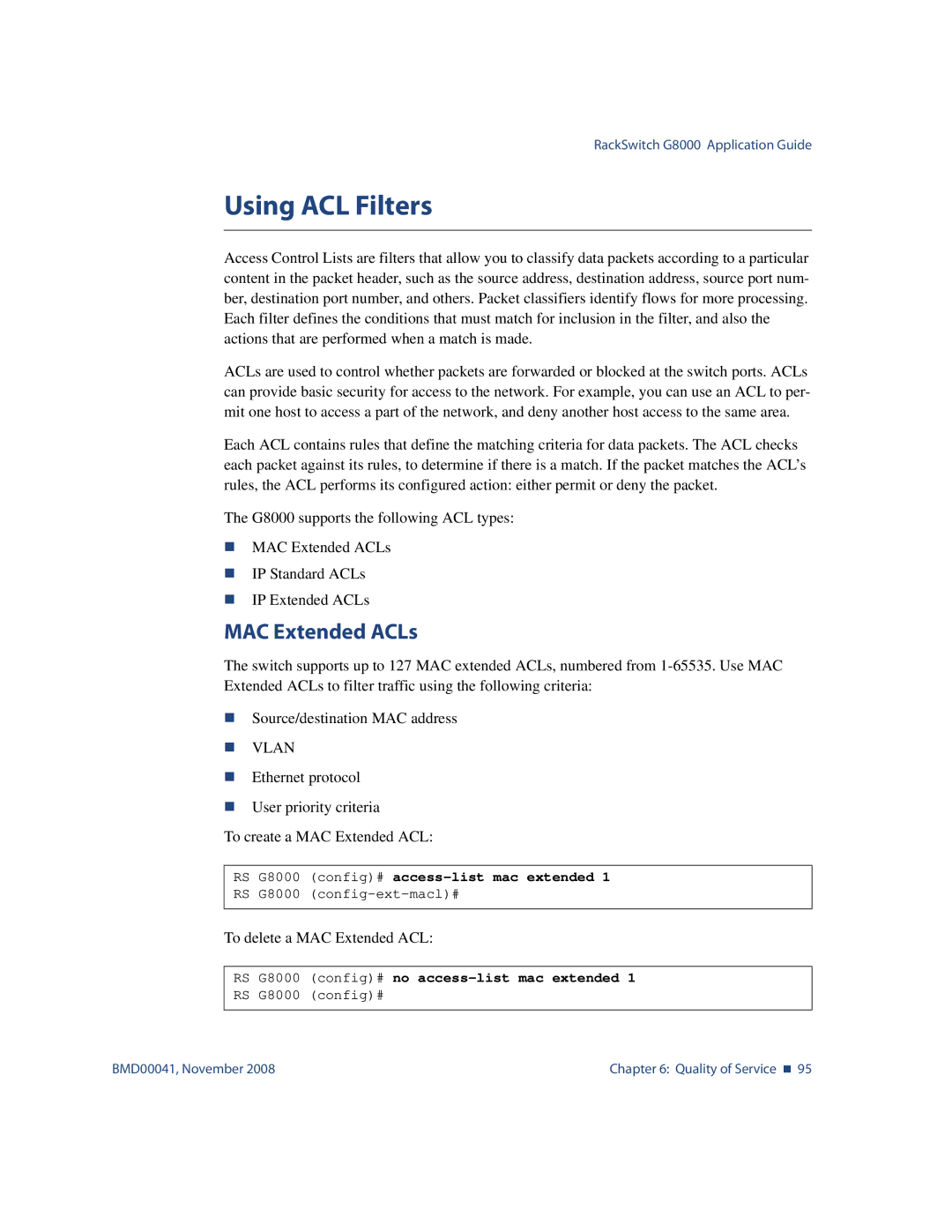 Blade ICE G8000 manual Using ACL Filters, MAC Extended ACLs 