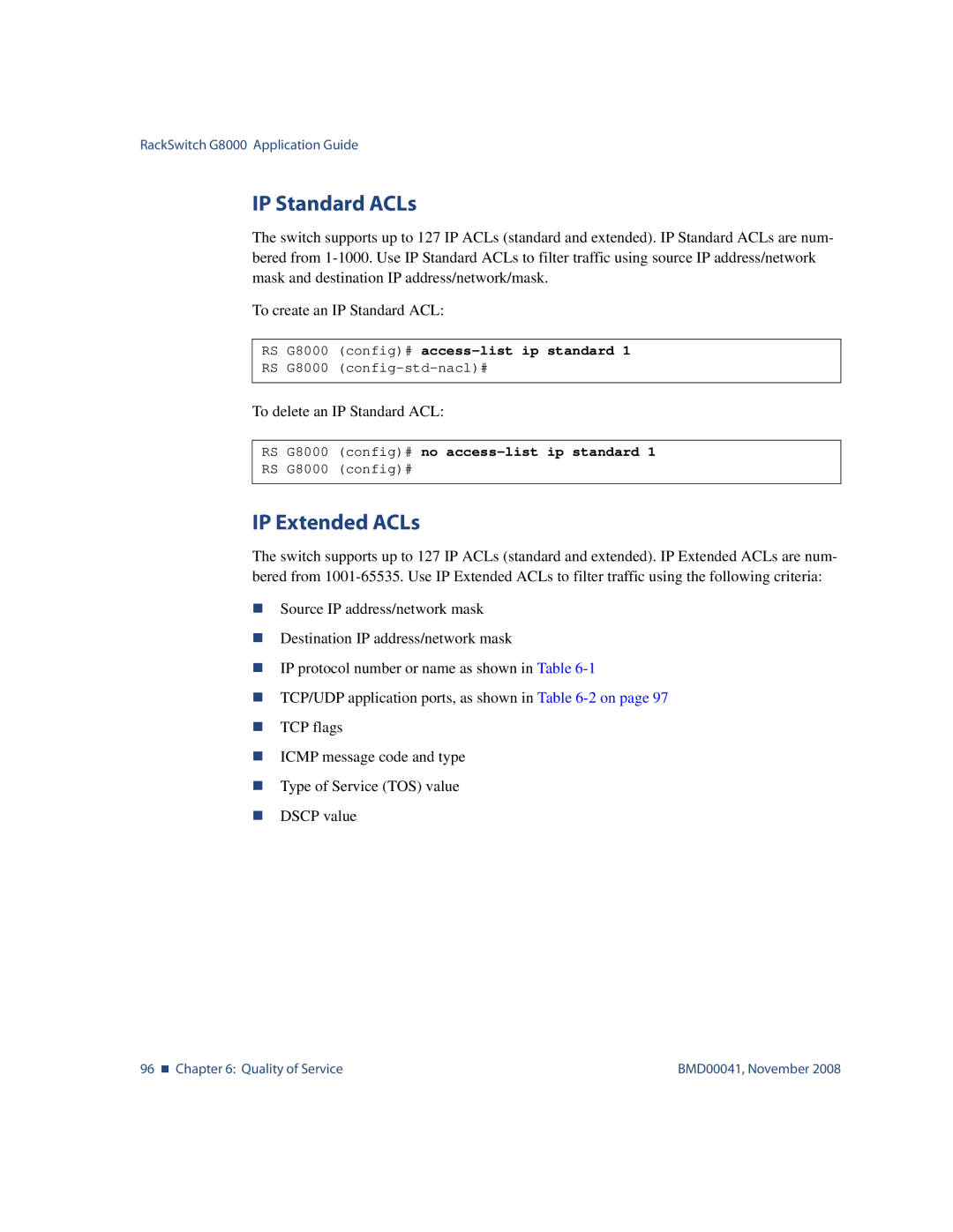 Blade ICE G8000 manual IP Standard ACLs, IP Extended ACLs 