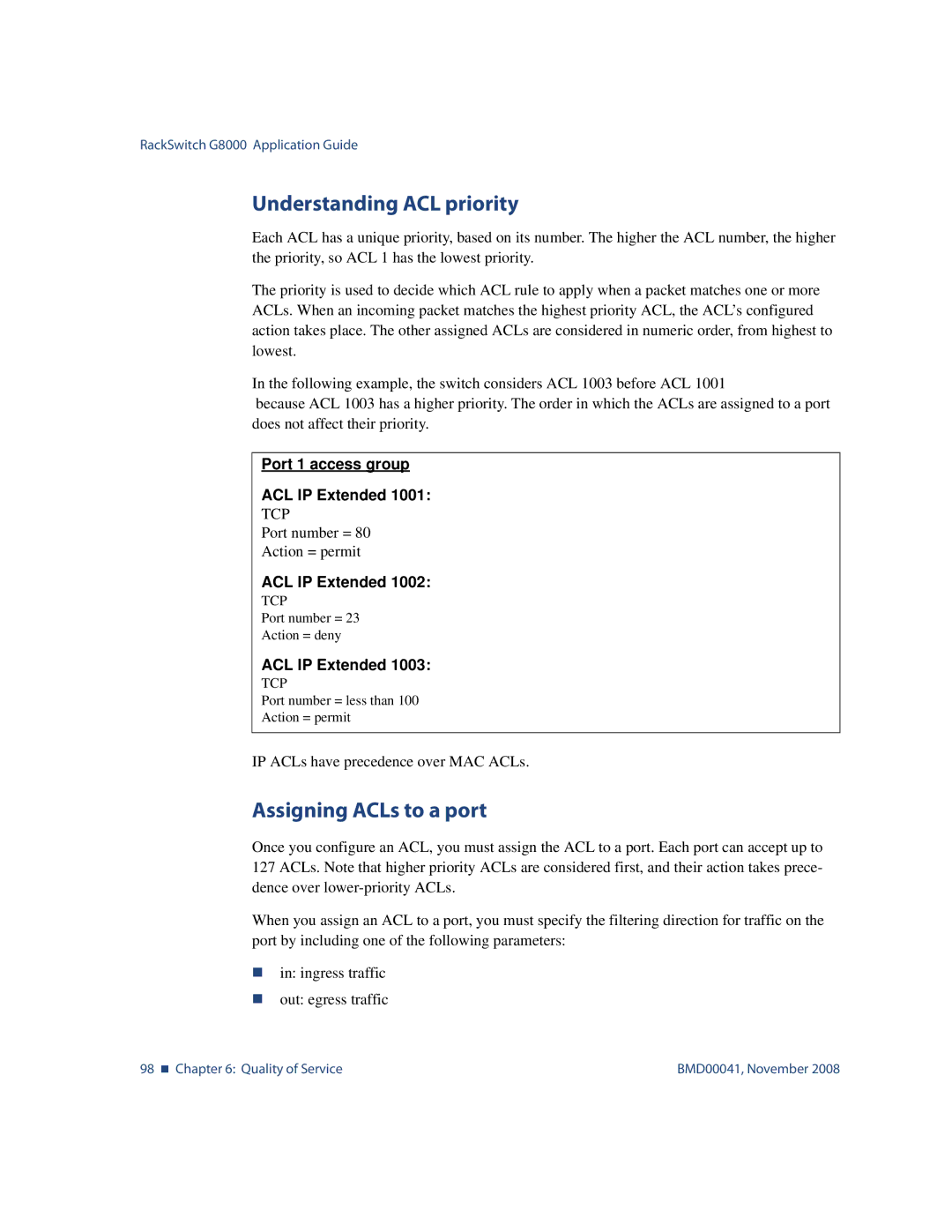 Blade ICE G8000 manual Understanding ACL priority, Assigning ACLs to a port 